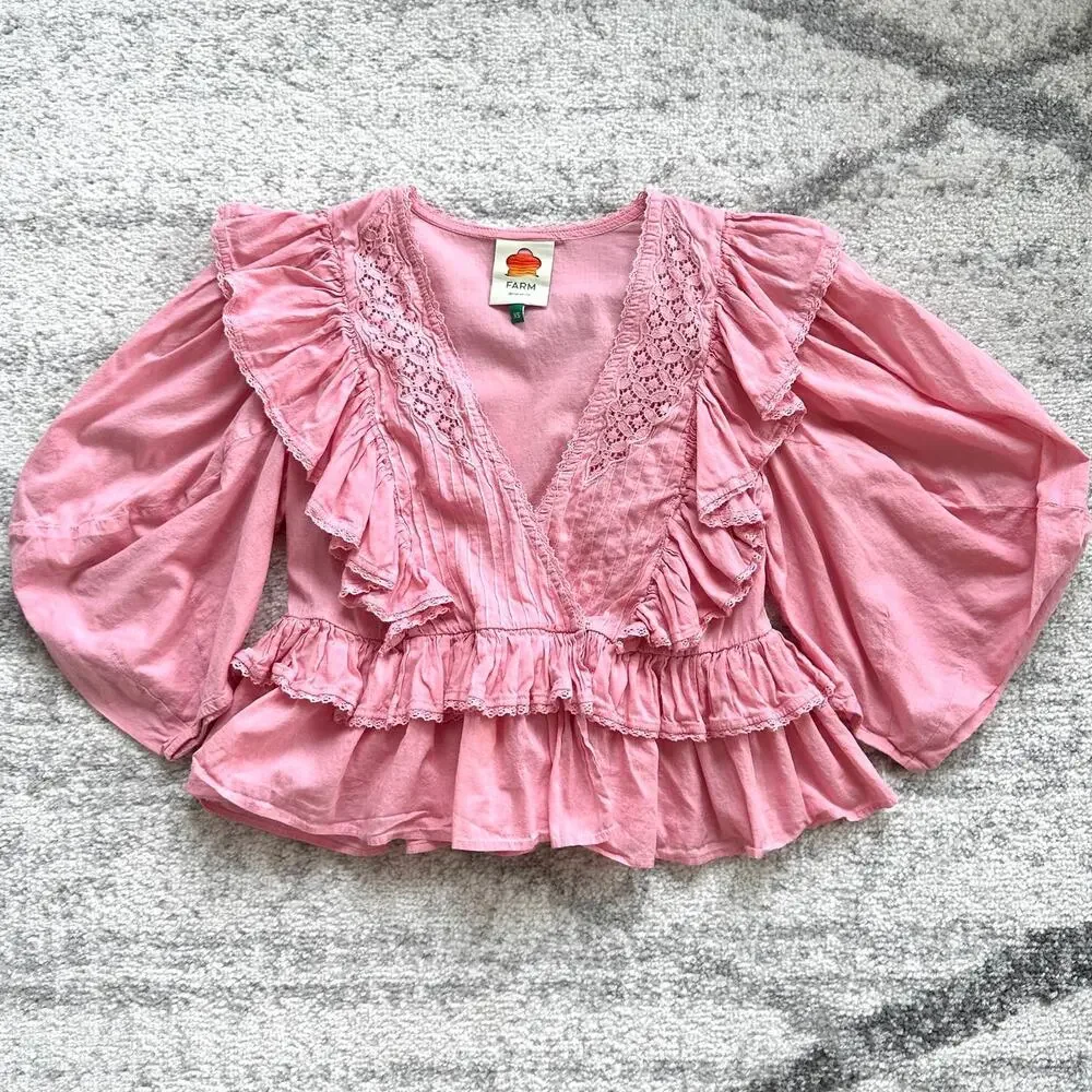 Farm Rio Blush Pink Puff Sleeve V-Neck Cropped Bohemian Blouse Size XS